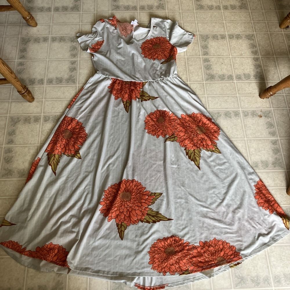 LuLaRoe Riley Maxi Dress sz XL Orange Floral Gray Stripe Short Slv Full Skirt